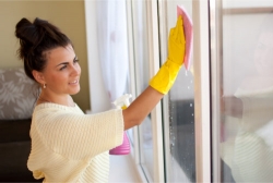 pretty woman cleaning a window